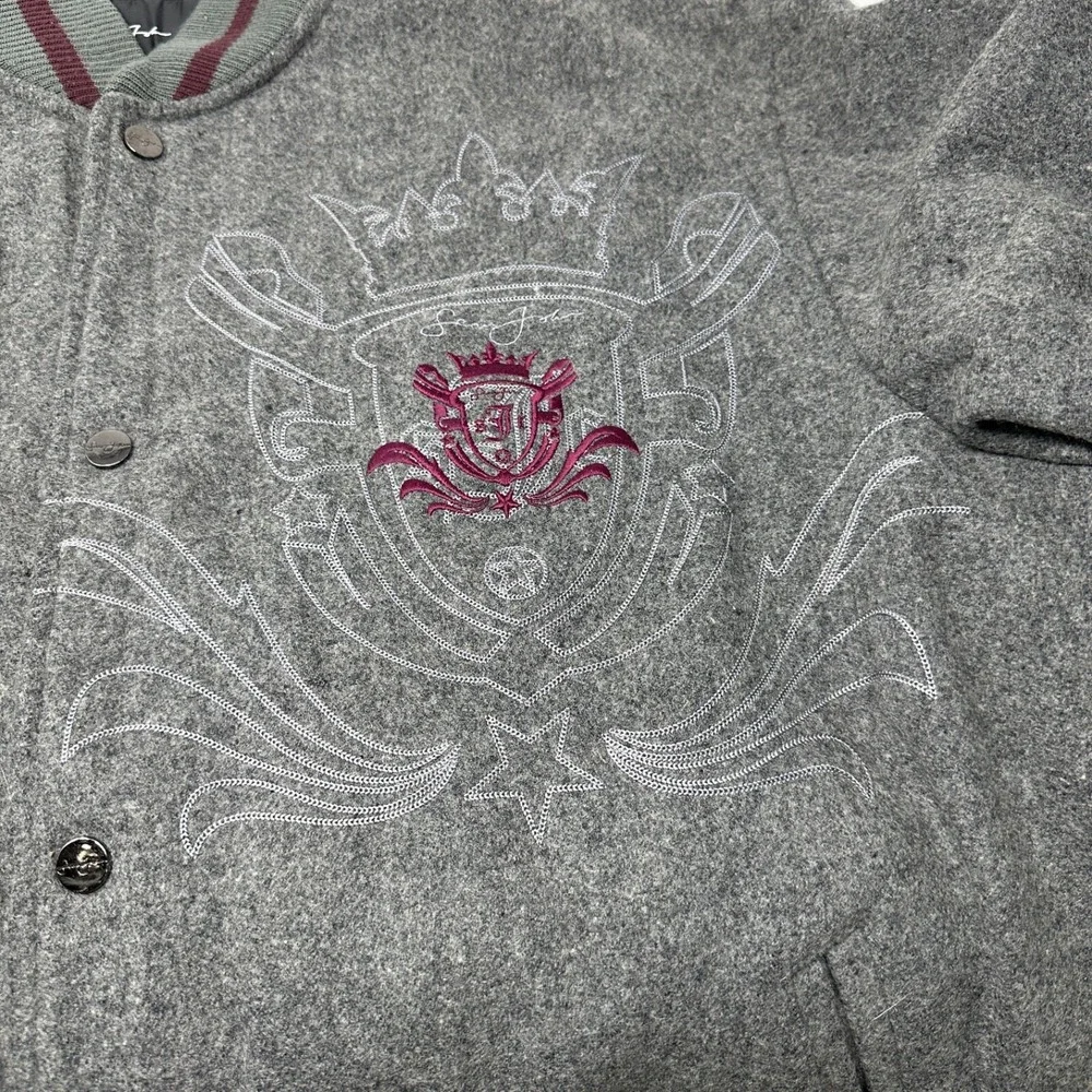 SEAN JOHN‎ Vintage Mens Grey Varsity Bomber Jacket Embroidery Snap Pockets XL